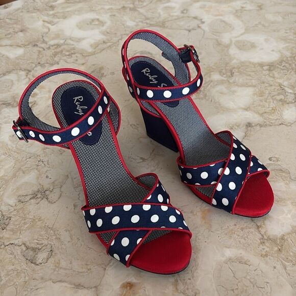 Ruby Shoo Evie Womens Shoes (Navy) Polka Dot Rockabilly Wedge Sandals - Picture 2 of 12